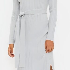 Loft Midi Ribbed Sweater Dress Softest Wool Blend Sz XS Heathered Gray Belted